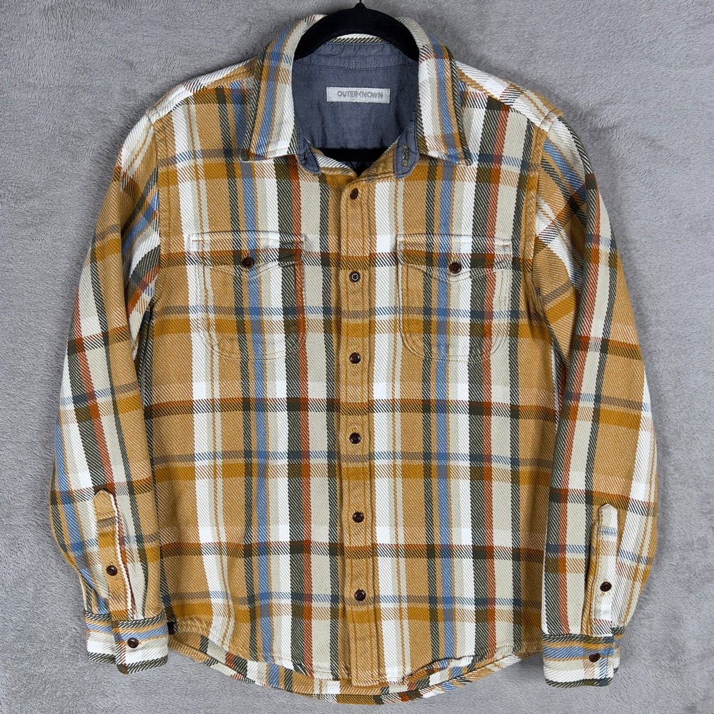 Outerknown Blanket‎ Shirt Men's Small Heavy Flannel Plaid Gold Blue Twill